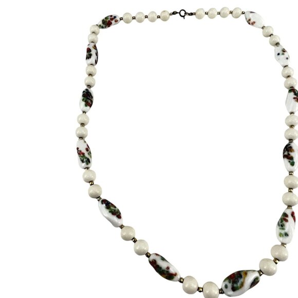 Vintage Floral Ceramic Bead Necklace With White Round Beads Metal Clasp - Picture 2 of 9